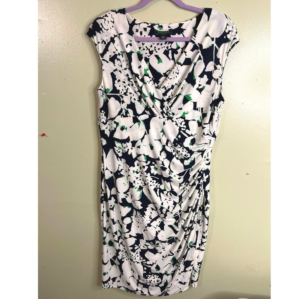 Lauren Ralph Lauren floral sleeveless faux wrap dress ruched side, size 16